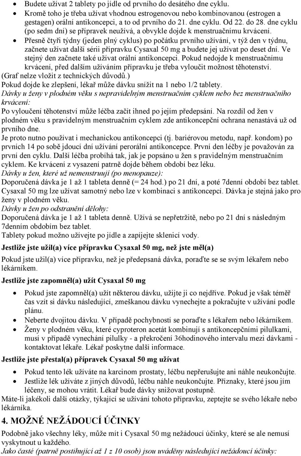 Přesně čtyři týdny (jeden plný cyklus) po počátku prvního užívání, v týž den v týdnu, začnete užívat další sérii přípravku Cysaxal 50 mg a budete jej užívat po deset dní.