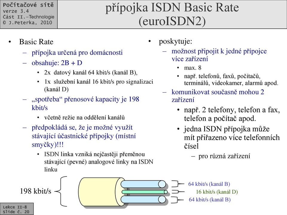 !! ISDN linka vzniká nejčastěji přeměnou stávající (pevné) analogové linky na ISDN linku poskytuje: možnost připojit k jedné přípojce více zařízení max. 8 např.