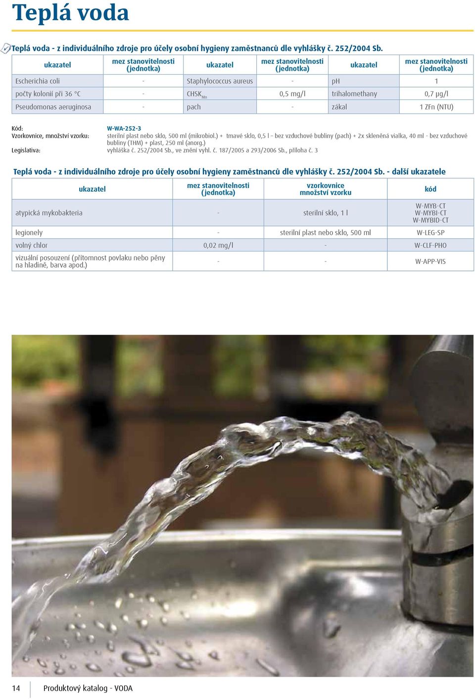 sklo, 500 ml (mikrobiol.) + tmavé sklo, 0,5 l bez vzduchové bubliny (pach) + 2x skleněná vialka, 40 ml - bez vzduchové bubliny (THM) + (anorg.) Legislativa: vyhláška č. 252/2004 Sb., ve znění vyhl. č. 187/2005 a 293/2006 Sb.