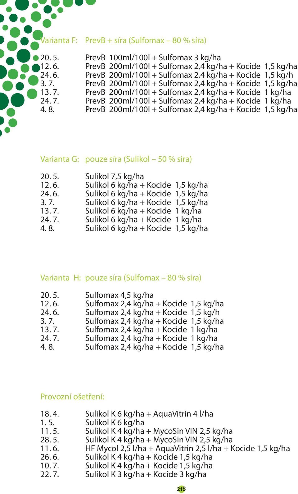PrevB 200ml/100l + Sulfomax 2,4 kg/ha + Kocide 1,5 kg/ha Varianta G: pouze síra (Sulikol 50 % síra) 20. 5. Sulikol 7,5 kg/ha 12. 6. Sulikol 6 kg/ha + Kocide 1,5 kg/ha 24. 6. Sulikol 6 kg/ha + Kocide 1,5 kg/ha 3.