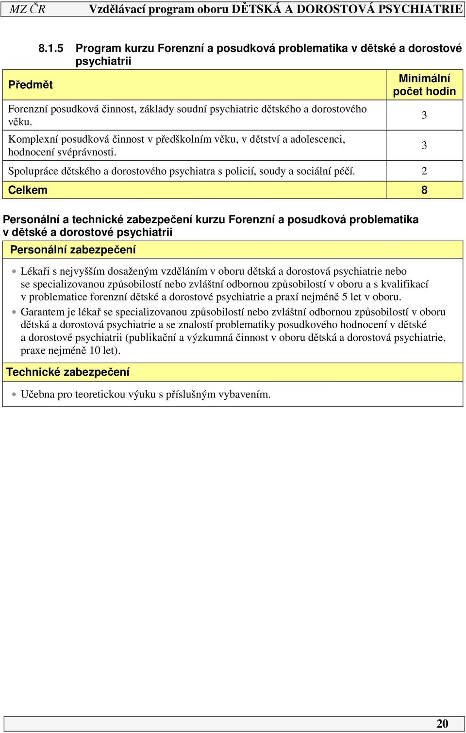 2 Celkem 8 Personální a technické zabezpečení kurzu Forenzní a posudková problematika v dětské a dorostové psychiatrii Personální zabezpečení Lékaři s nejvyšším dosaženým vzděláním v oboru dětská a