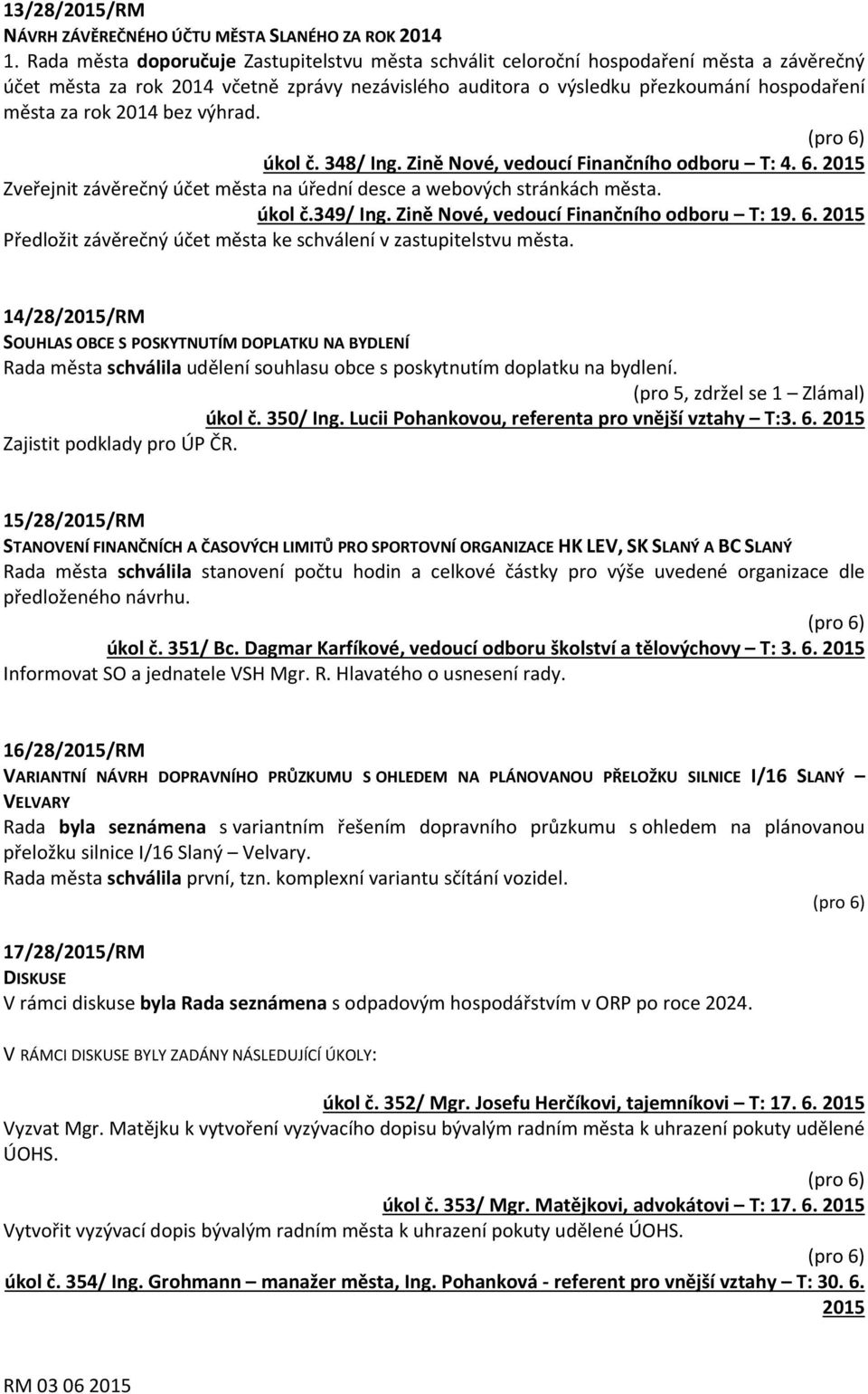 2014 bez výhrad. úkol č. 348/ Ing. Zině Nové, vedoucí Finančního odboru T: 4. 6. 2015 Zveřejnit závěrečný účet města na úřední desce a webových stránkách města. úkol č.349/ Ing.