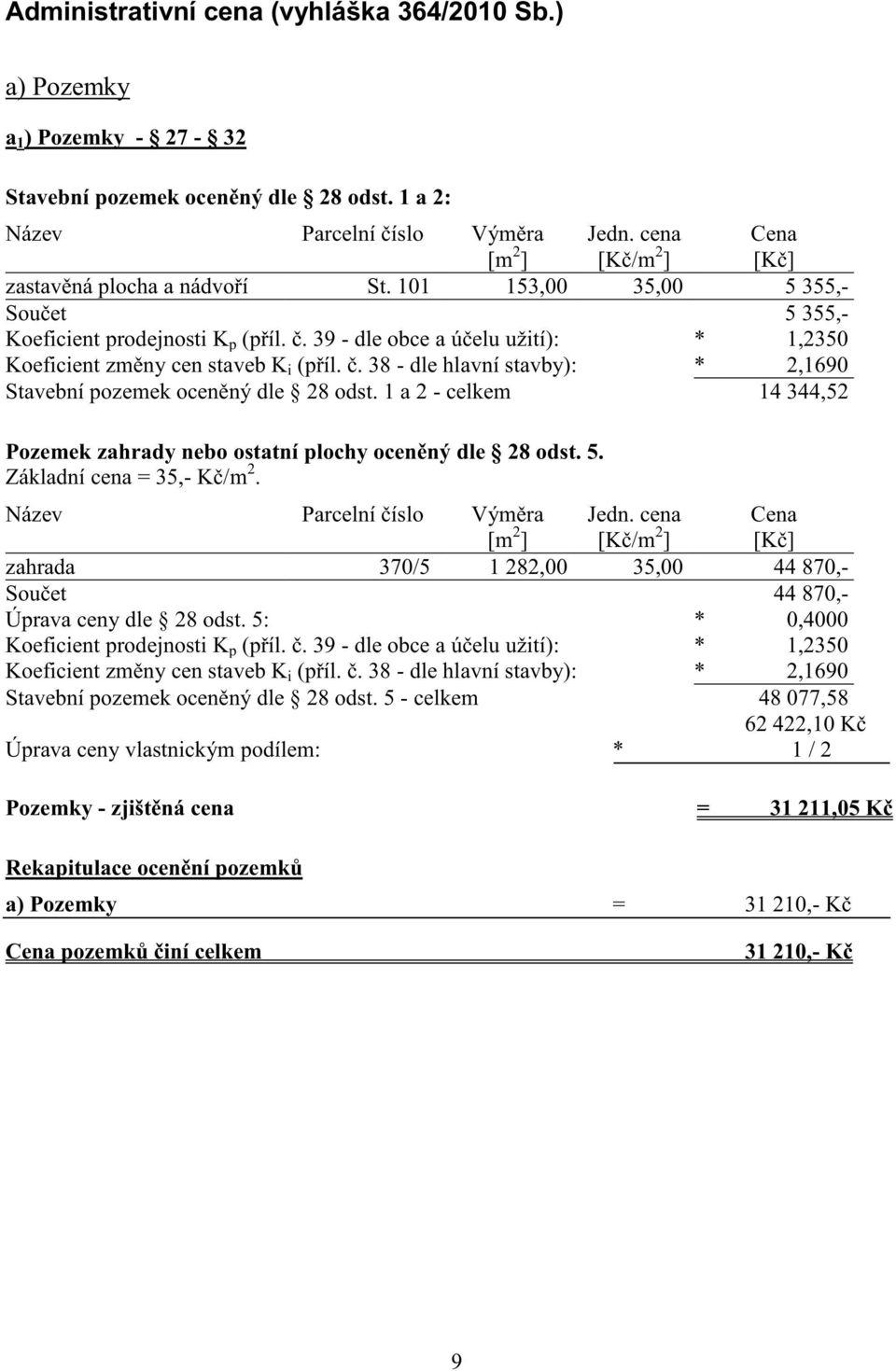 . 39 - dle obce a ú elu užití): * 1,2350 Koeficient zm ny cen staveb K i (p íl.. 38 - dle hlavní stavby): * 2,1690 Stavební pozemek ocen ný dle 28 odst.