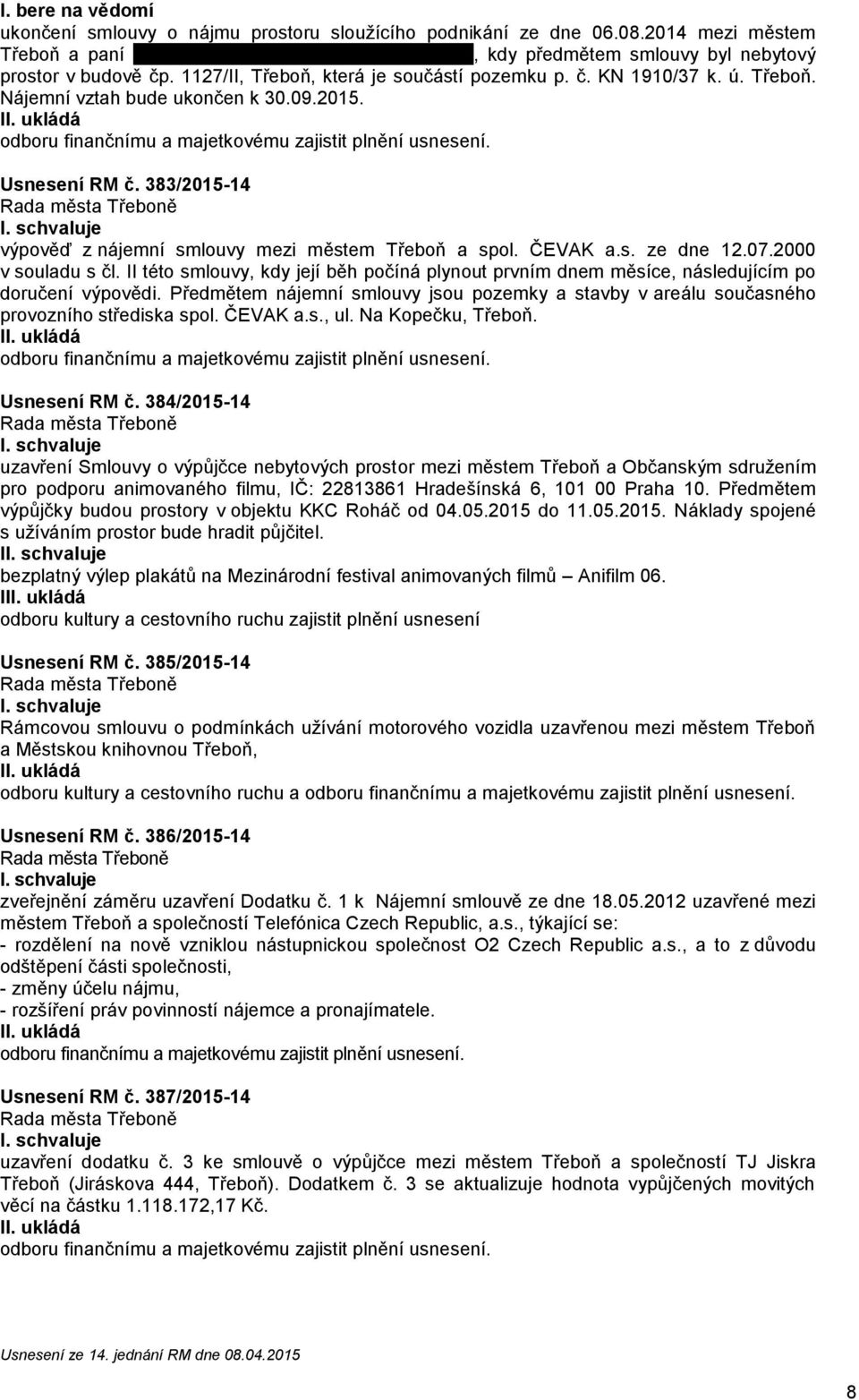 09.2015. 383/2015-14 vývěď z nájemní smlouvy mezi městem Třeboň a sl. ČEVAK a.s. ze dne 12.07.2000 v souladu s čl.