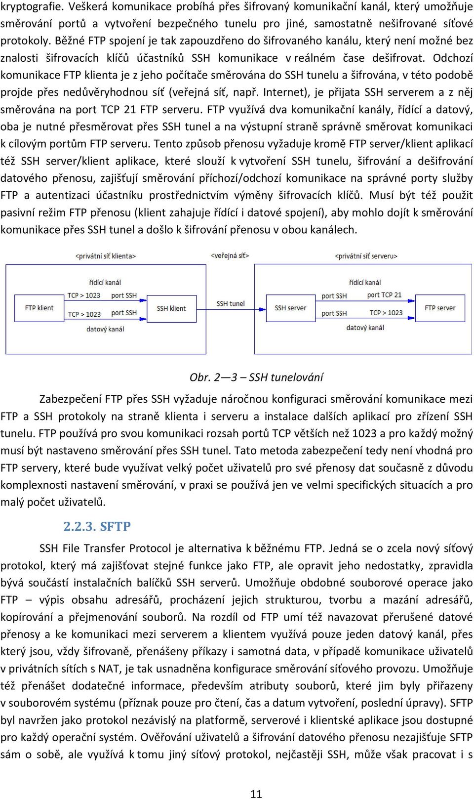 Odchozí komunikace FTP klienta je z jeho počítače směrována do SSH tunelu a šifrována, v této podobě projde přes nedůvěryhodnou síť (veřejná síť, např.
