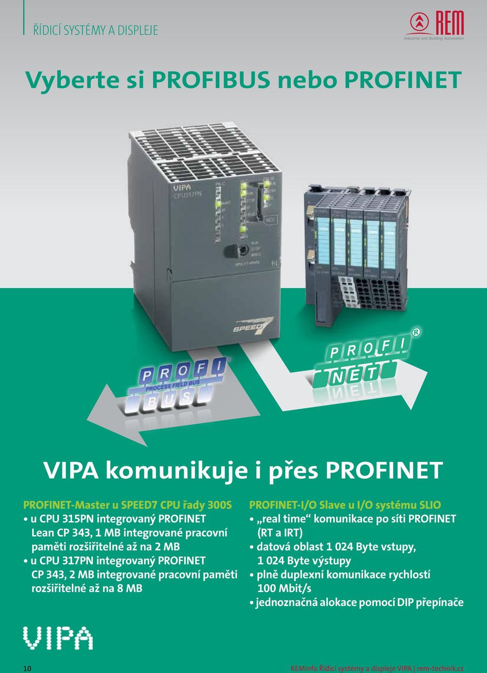rozšiřitelné až na 8 MB PROFINET-I/O Slave u I/O systému SLIO real time komunikace po síti PROFINET (RT a IRT) datová oblast 1 024 Byte vstupy, 1