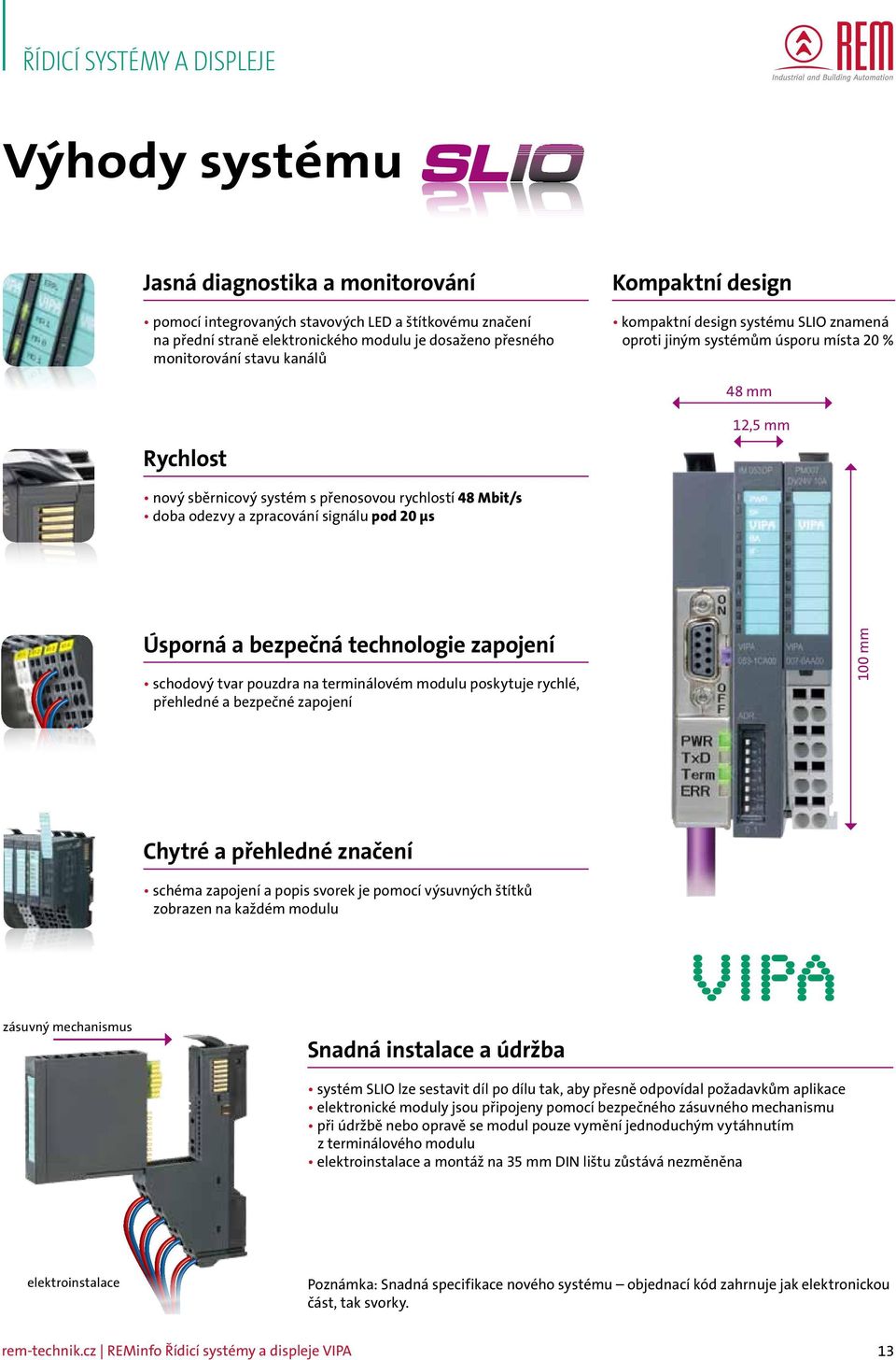 na terminálovém modulu poskytuje rychlé, přehledné a bezpečné zapojení 100 mm nový sběrnicový systém s přenosovou rychlostí 48 Mbit/s doba odezvy a zpracování signálu pod 20 μs Chytré a přehledné