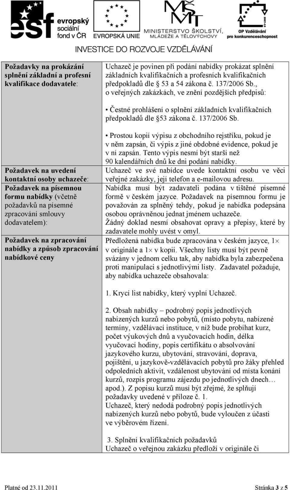 , o veřejných zakázkách, ve znění pozdějších předpisů: Čestné prohlášení o splnění základních kvalifikačních předpokladů dle 53 zákona č. 137/2006 Sb.