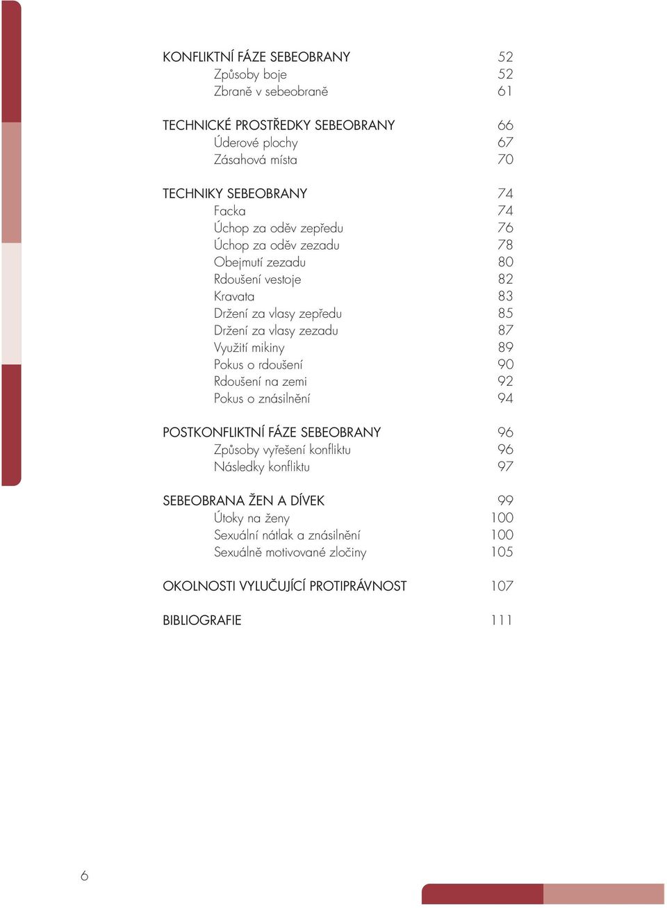 Využití mikiny 89 Pokus o rdoušení 90 Rdoušení na zemi 92 Pokus o znásilnění 94 POSTKONFLIKTNÍ FÁZE SEBEOBRANY 96 Způsoby vyřešení konfliktu 96 Následky konfliktu