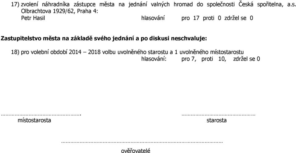 svého jednání a po diskusi neschvaluje: 18) pro volební období 2014 2018 volbu uvolněného