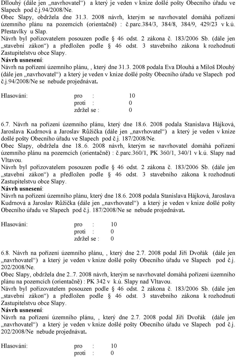 Návrh na pořízení územního plánu,, který dne 31.3. 2008 podala Eva Dlouhá a Miloš Dlouhý (dále jen navrhovatel ) a který je veden v knize došlé pošty Obecního úřadu ve Slapech pod č.j.94/2008/ne se nebude projednávat.