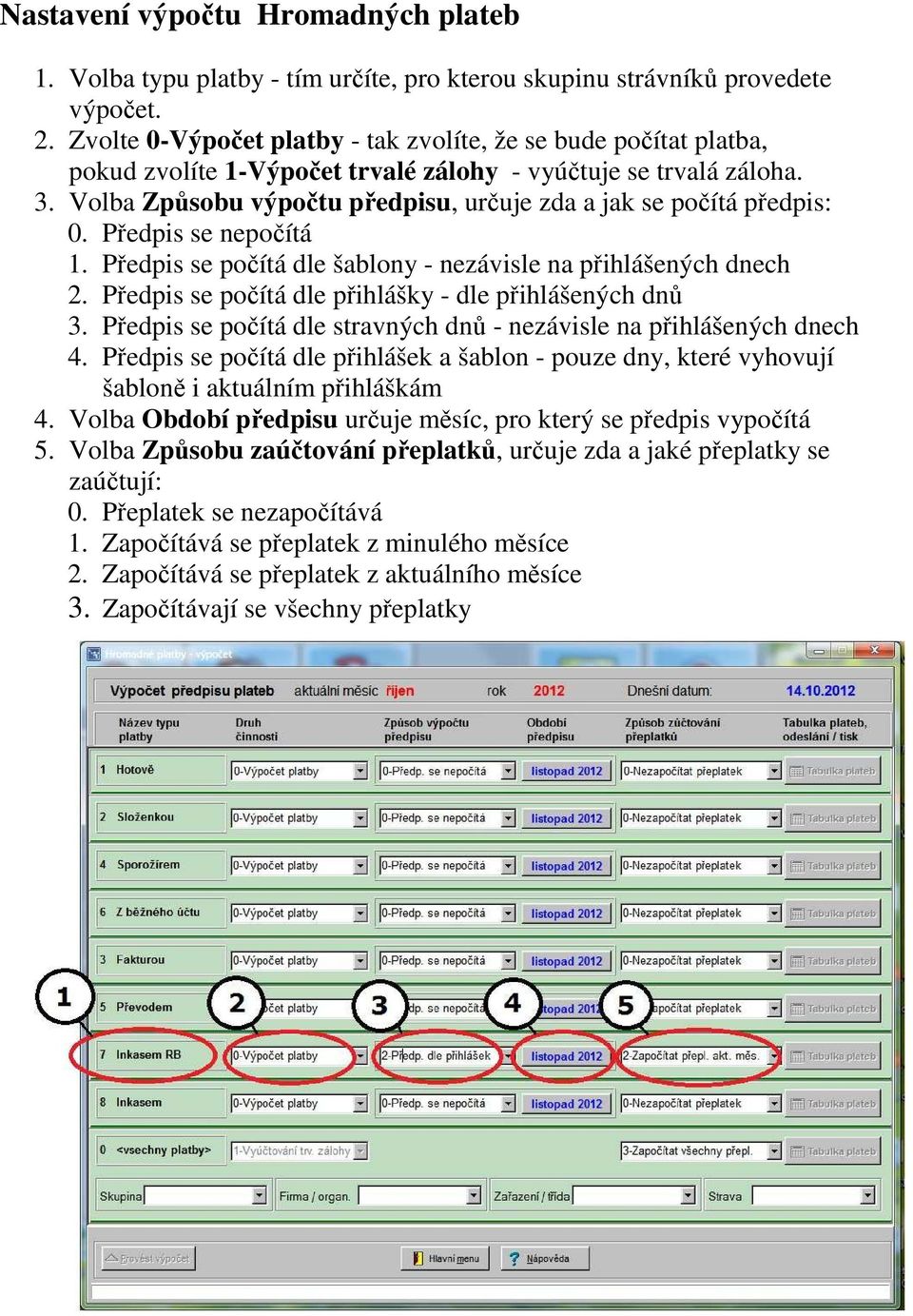 Volba Způsobu výpočtu předpisu, určuje zda a jak se počítá předpis: 0. Předpis se nepočítá 1. Předpis se počítá dle šablony - nezávisle na přihlášených dnech 2.