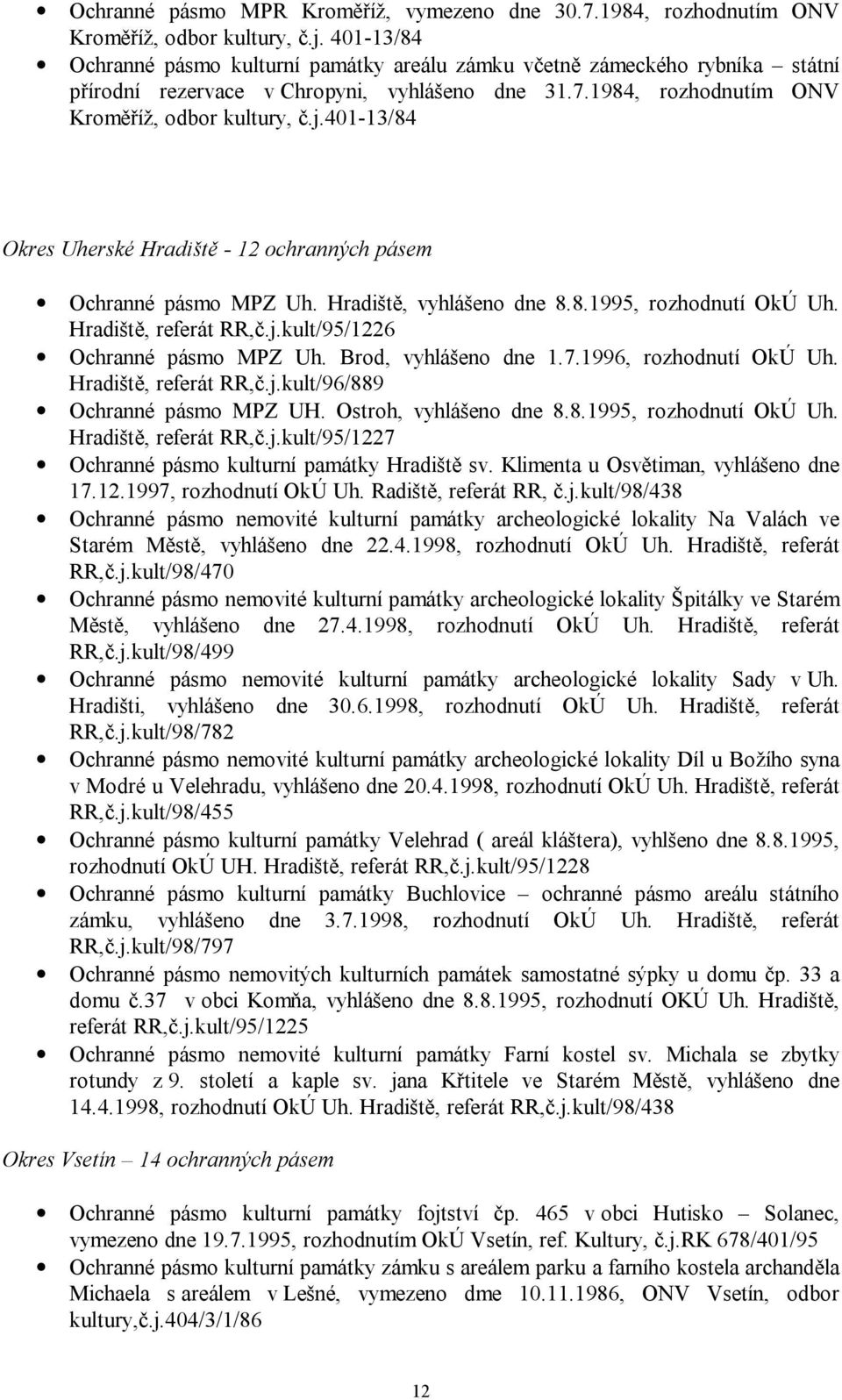 401-13/84 Okres Uherské Hradiště - 12 ochranných pásem Ochranné pásmo MPZ Uh. Hradiště, vyhlášeno dne 8.8.1995, rozhodnutí OkÚ Uh. Hradiště, referát RR,č.j.kult/95/1226 Ochranné pásmo MPZ Uh.