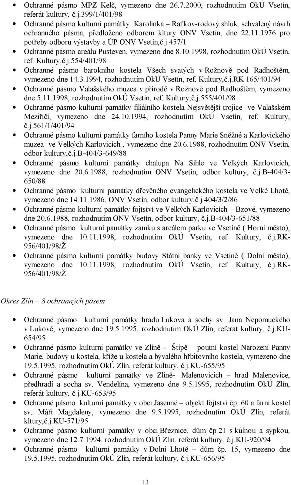 1976 pro potřeby odboru výstavby a ÚP ONV Vsetín,č.j.457/1 Ochranné pásmo areálu Pusteven, vymezeno dne 8.10.1998, rozhodnutím OkÚ Vsetín, ref. Kultury,č.j.554/401/98 Ochranné pásmo barokního kostela Všech svatých v Rožnově pod Radhoštěm, vymezeno dne 14.