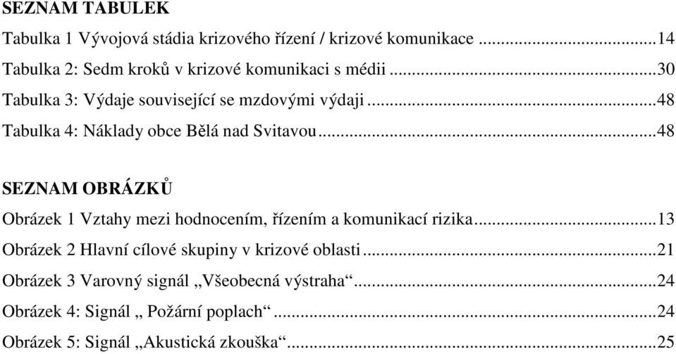.. 48 Tabulka 4: Náklady obce Bělá nad Svitavou... 48 SEZNAM OBRÁZKŮ Obrázek 1 Vztahy mezi hodnocením, řízením a komunikací rizika.