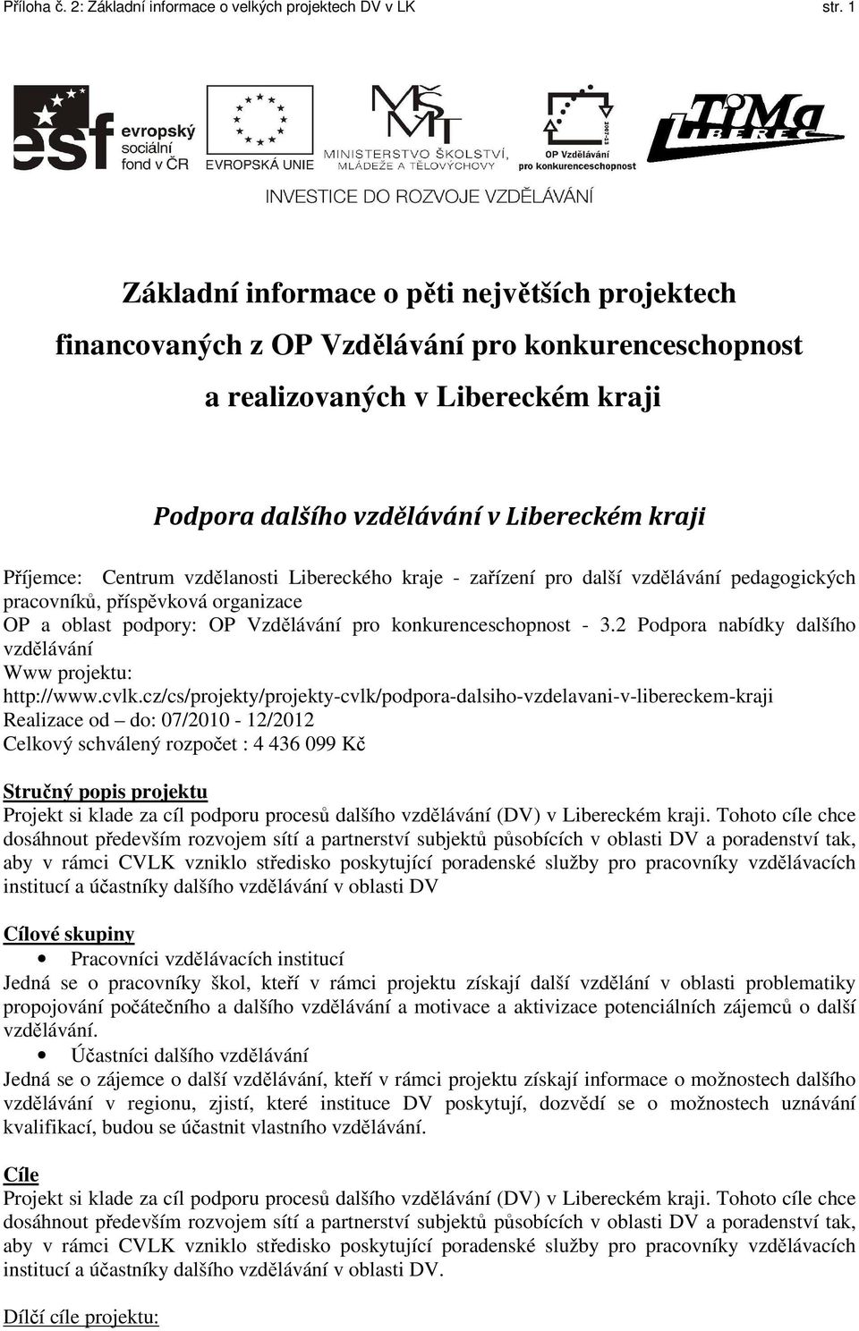 Centrum vzdělanosti Libereckého kraje - zařízení pro další vzdělávání pedagogických pracovníků, příspěvková organizace OP a oblast podpory: OP Vzdělávání pro konkurenceschopnost - 3.