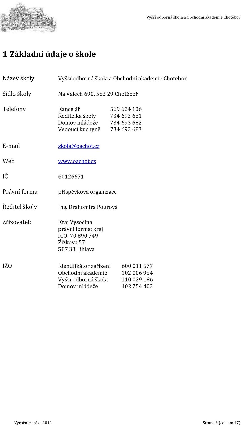 cz www.oachot.cz IČ 6126671 Právní forma Ředitel školy Zřizovatel: příspěvková organizace Ing.