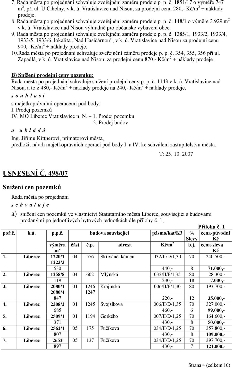 10. zveřejnění záměru prodeje p. p. č. 354, 355, 356 při ul. Zapadlá, v k. ú. Vratislavice nad Nisou, za prodejní cenu 870,- Kč/m 2 + náklady prodeje.