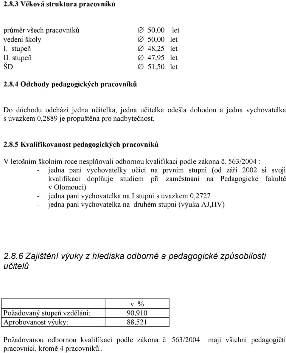563/2004 : - jedna paní vychovatelky učící na prvním stupni (od září 2002 si svoji kvalifikaci doplňuje studiem při zaměstnání na Pedagogické fakultě v Olomouci) - jedna paní vychovatelka na I.