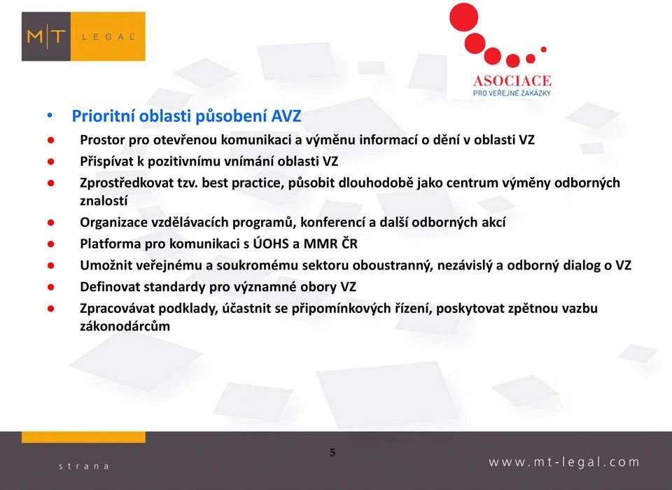 best practice, působit dlouhodobě jako centrum výměny odborných znalostí Organizace vzdělávacích programů, konferencí a další odborných akcí