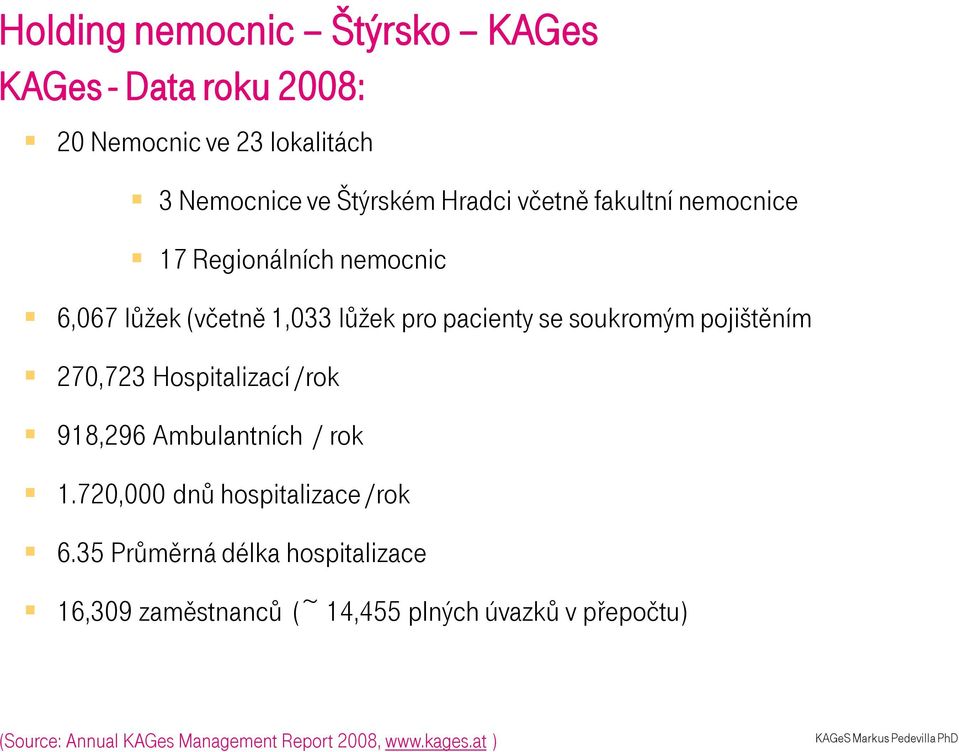 Hospitalizací /rok 918,296 Ambulantních / rok 1.720,000 dnů hospitalizace /rok 6.