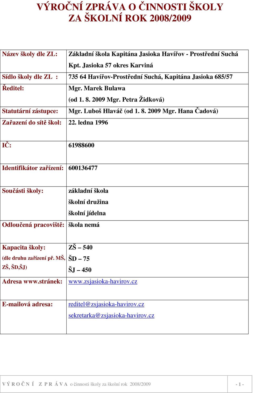 Luboš Hlaváč (od 1. 8. 2009 Mgr. Hana Čadová) Zařazení do sítě škol: 22.