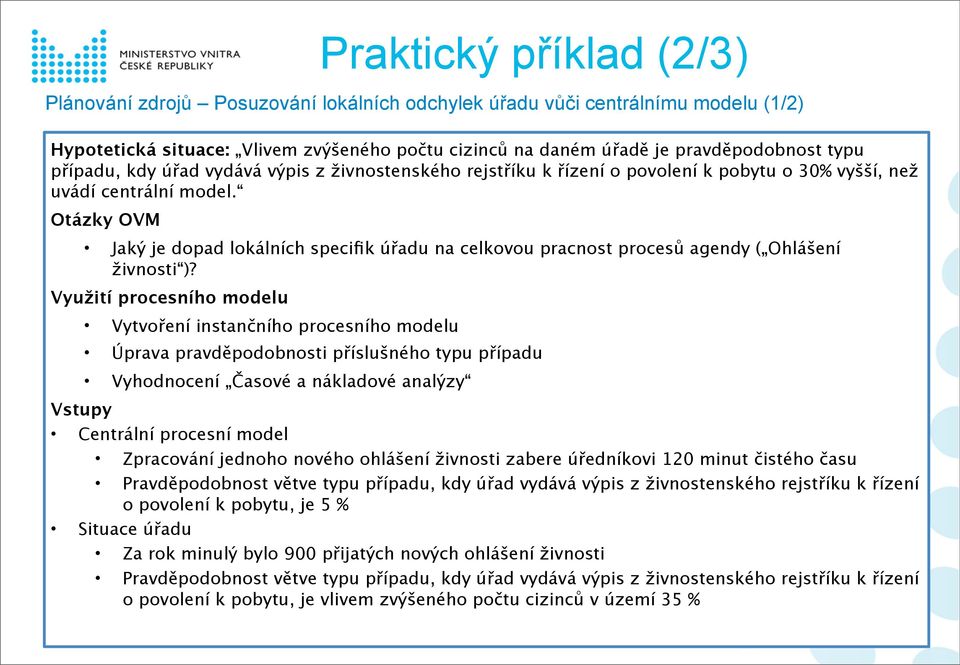 Využití procesního modelu Vytvoření instančního procesního modelu Úprava pravděpodobnosti příslušného typu případu Vyhodnocení Časové a nákladové analýzy Praktický příklad (2/3) Plánování zdrojů