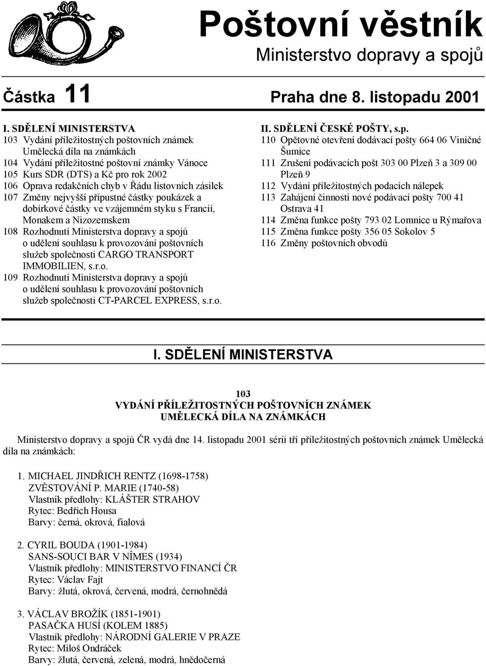 chyb v Řádu listovních zásilek 107 Změny nejvyšší přípustné částky poukázek a dobírkové částky ve vzájemném styku s Francií, Monakem a Nizozemskem 108 Rozhodnutí Ministerstva dopravy a spojů o