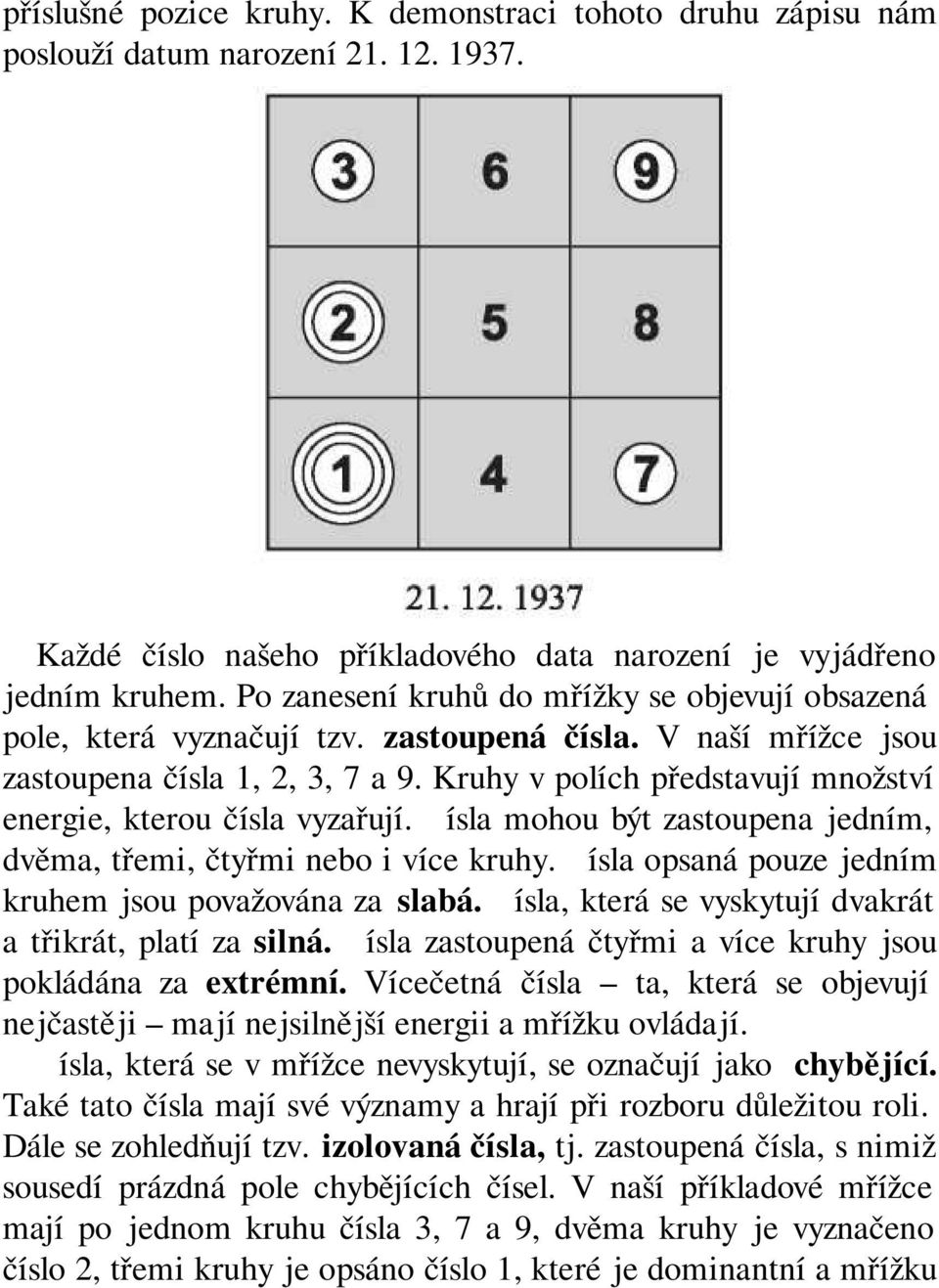 Kruhy v polích představují množství energie, kterou čísla vyzařují. Čísla mohou být zastoupena jedním, dvěma, třemi, čtyřmi nebo i více kruhy.