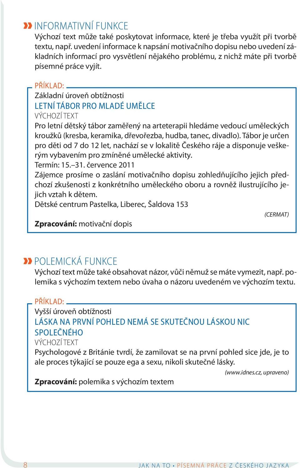 PŘÍKLAD: Základní úroveň obtížnosti LETNÍ TÁBOR PRO MLADÉ UMĚLCE VÝCHOZÍ TEXT Pro letní dětský tábor zaměřený na arteterapii hledáme vedoucí uměleckých kroužků (kresba, keramika, dřevořezba, hudba,