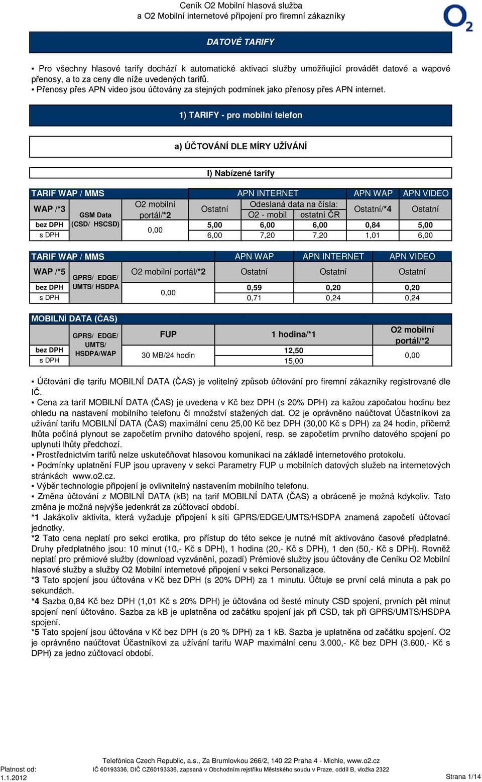 1) TARIFY - pro mobilní telefon a) ÚČTOVÁNÍ DLE MÍRY UŽÍVÁNÍ I) Nabízené tarify TARIF WAP MMS WAP *3 GSM Data (CSD HSCSD) O2 mobilní portál*2 Ostatní 5,00 6,00 APN INTERNET Odeslaná data na čísla: O2