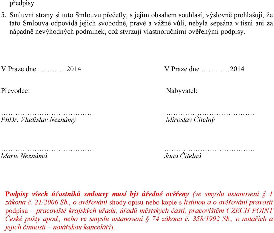 nevýhodných podmínek, což stvrzují vlastnoručními ověřenými podpisy. V Praze dne 2014 V Praze dne 2014 Převodce: Nabyvatel: PhDr. Vladislav Neznámý. Miroslav Čitelný Marie Neznámá.