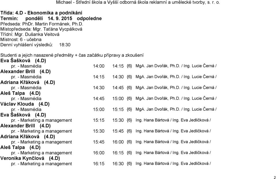 Hana Bártová / Ing. Eva Jedličková / pr. - Marketing a 15:30 15:45 {6} Ing. Hana Bártová / Ing. Eva Jedličková / pr. - Marketing a 15:45 16:00 {6} Ing. Hana Bártová / Ing. Eva Jedličková / pr. - Marketing a 16:00 16:15 {6} Ing.