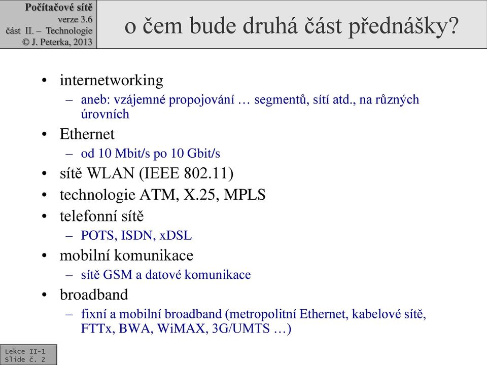 , na různých úrovních Ethernet od 10 Mbit/s po 10 Gbit/s sítě WLAN (IEEE 802.11) technologie ATM, X.