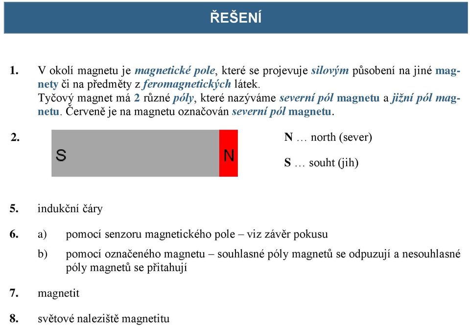 Tyčový magnet má 2 různé póly, které nazýváme severní pól magnetu a jižní pól magnetu.