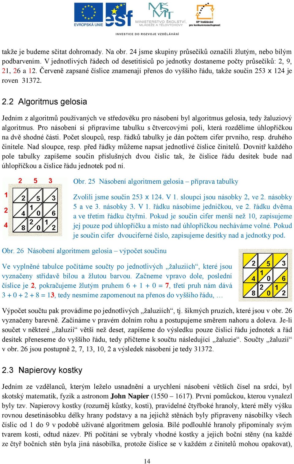 9, 21, 26 a 12. Červeně zapsané číslice znamenají přenos do vyššího řádu, takže součin 253 x 124 je roven 31372. 2.2 Algoritmus gelosia Jedním z algoritmů používaných ve středověku pro násobení byl algoritmus gelosia, tedy žaluziový algoritmus.
