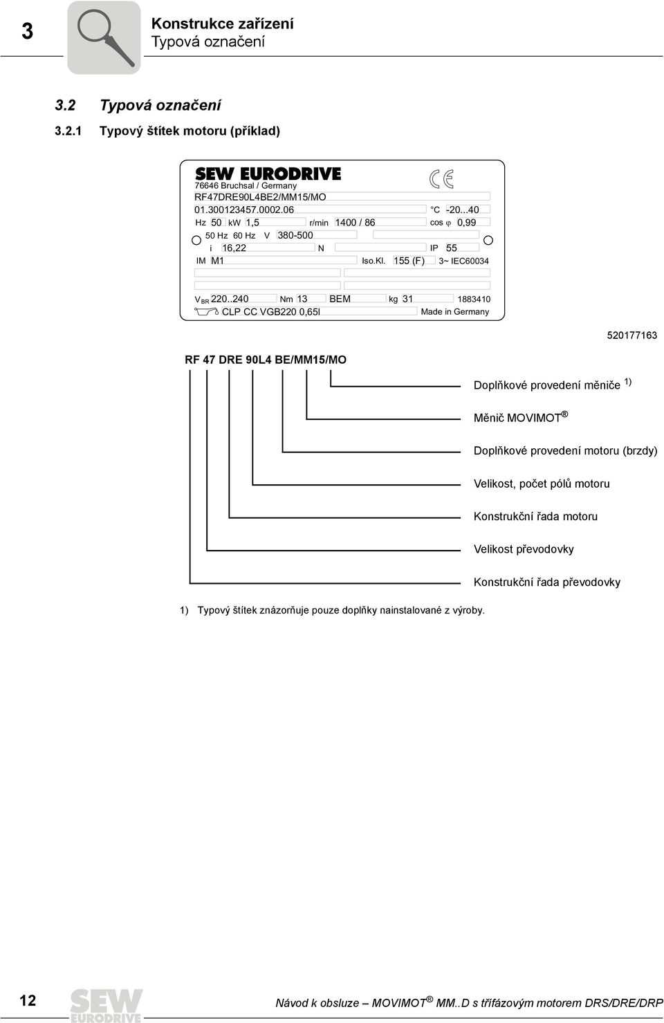 .24 Nm 13 CLP CC VGB22,65l BEM kg 31 188341 Made in Germany 52177163 RF 47 DRE 9L4 BE/MM15/MO Doplňkové provedení měniče 1) Měnič MOVIMOT Doplňkové provedení motoru