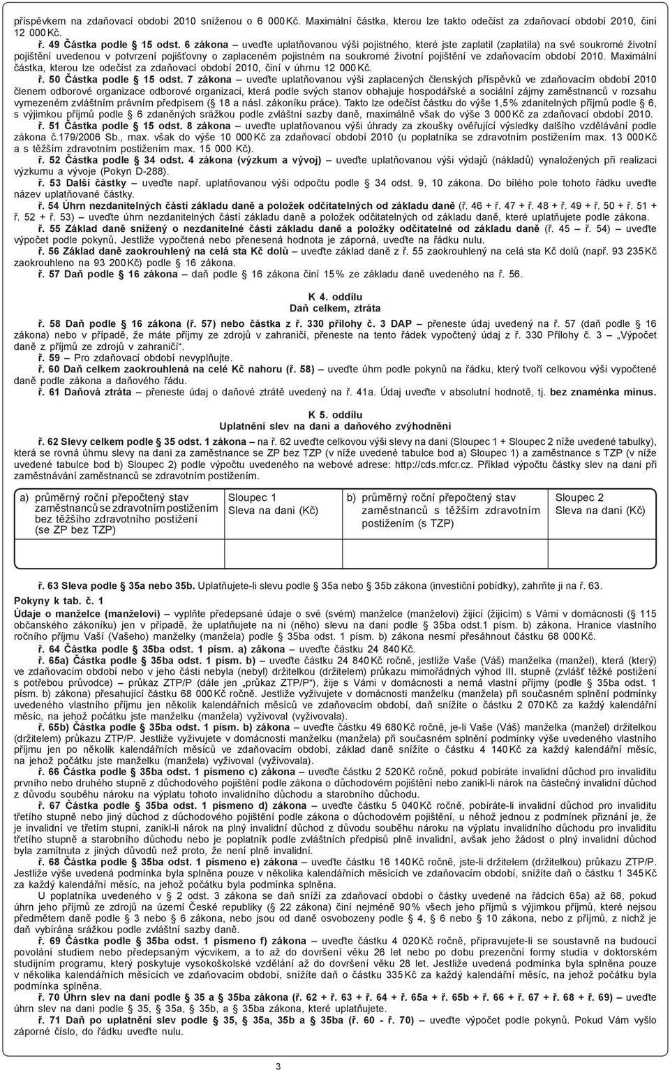 zdaňovacím období 2010. Maximální částka, kterou lze odečíst za zdaňovací období 2010, činí v úhrnu 12 000 Kč. ř. 50 Částka podle 15 odst.
