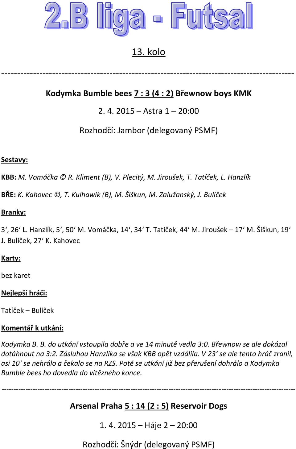 Tatíček, 44 M. Jiroušek 17 M. Šiškun, 19 J. Bulíček, 27 K. Kahovec bez karet Tatíček Bulíček Kodymka B. B. do utkání vstoupila dobře a ve 14 minutě vedla 3:0. Břewnow se ale dokázal dotáhnout na 3:2.