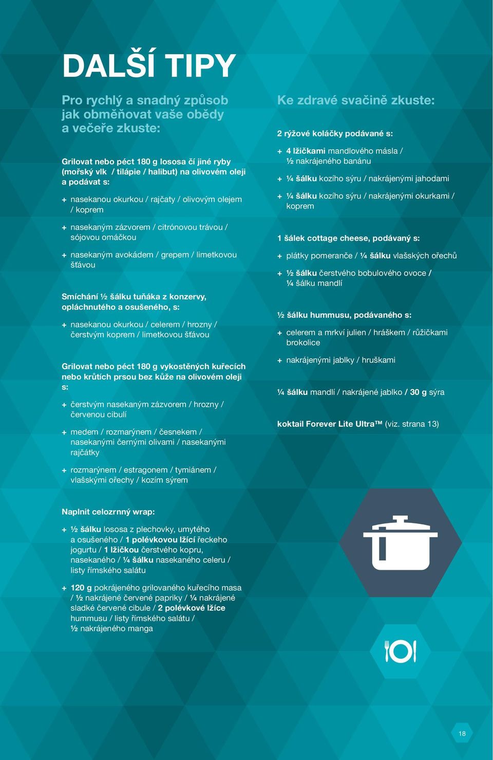 opláchnutého a osušeného, s: + nasekanou okurkou / celerem / hrozny / čerstvým koprem / limetkovou šťávou Grilovat nebo péct 180 g vykostěných kuřecích nebo krůtích prsou bez kůže na olivovém oleji
