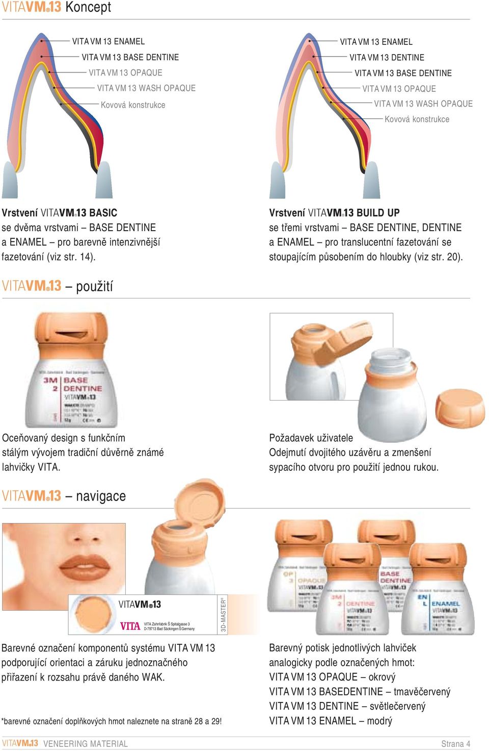 Vrstvení VITAVM 3 BUILD UP se tfiemi vrstvami BASE DENTINE, DENTINE a ENAMEL pro translucentní fazetování se stoupajícím pûsobením do hloubky (viz str. 20).