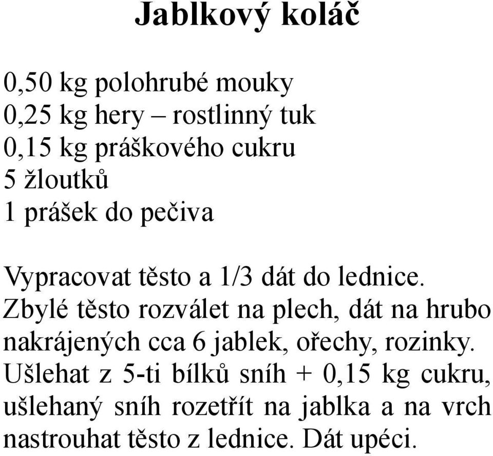 Zbylé těsto rozválet na plech, dát na hrubo nakrájených cca 6 jablek, ořechy, rozinky.