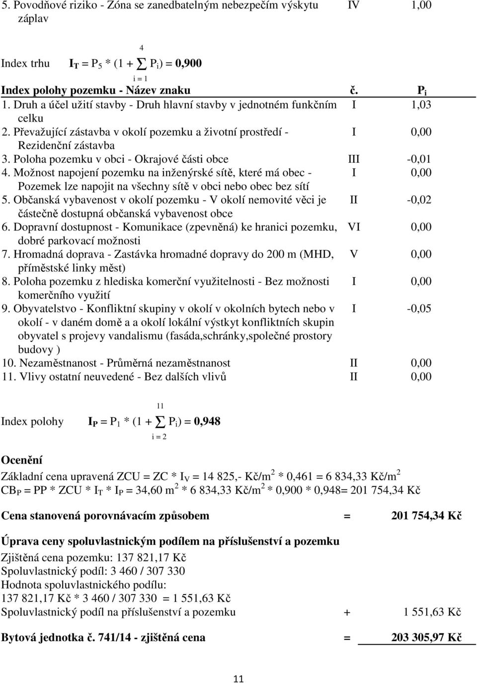 Poloha pozemku v obci - Okrajové části obce III -0,01 4. Možnost napojení pozemku na inženýrské sítě, které má obec - I 0,00 Pozemek lze napojit na všechny sítě v obci nebo obec bez sítí 5.