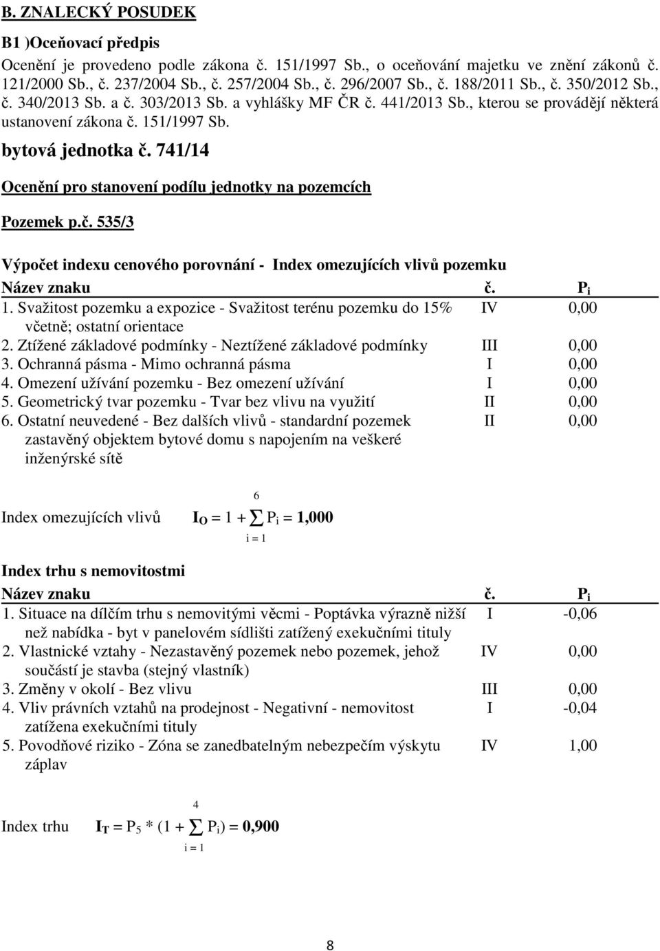 741/14 Ocenění pro stanovení podílu jednotky na pozemcích Pozemek p.č. 535/3 Výpočet indexu cenového porovnání - Index omezujících vlivů pozemku Název znaku č. P i 1.