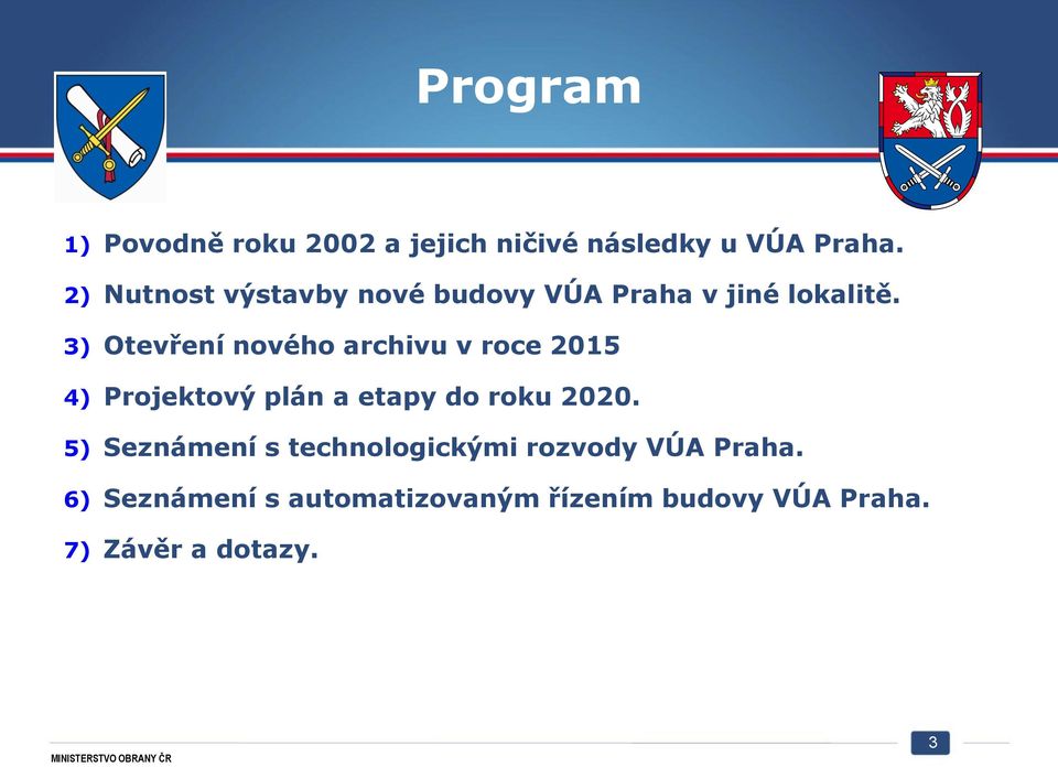 3) Otevření nového archivu v roce 2015 4) Projektový plán a etapy do roku 2020.