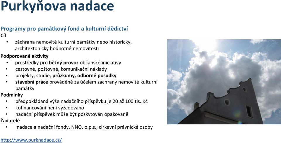 odborné posudky stavební práce prováděné za účelem záchrany nemovité kulturní památky předpokládaná výše nadačního příspěvku je 20 až 100 tis.