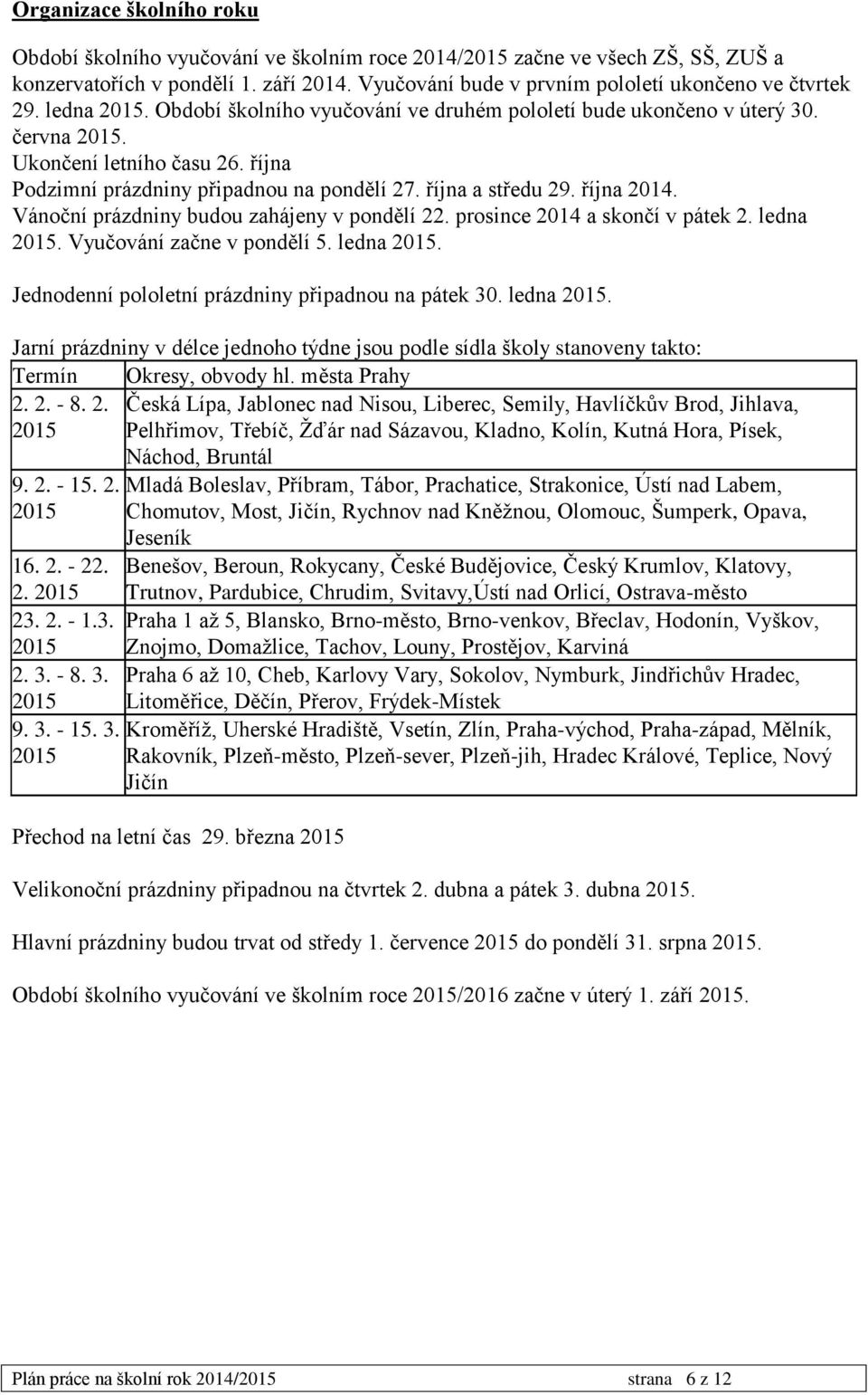 října Podzimní prázdniny připadnou na pondělí 27. října a středu 29. října 2014. Vánoční prázdniny budou zahájeny v pondělí 22. prosince 2014 a skončí v pátek 2. ledna 2015.