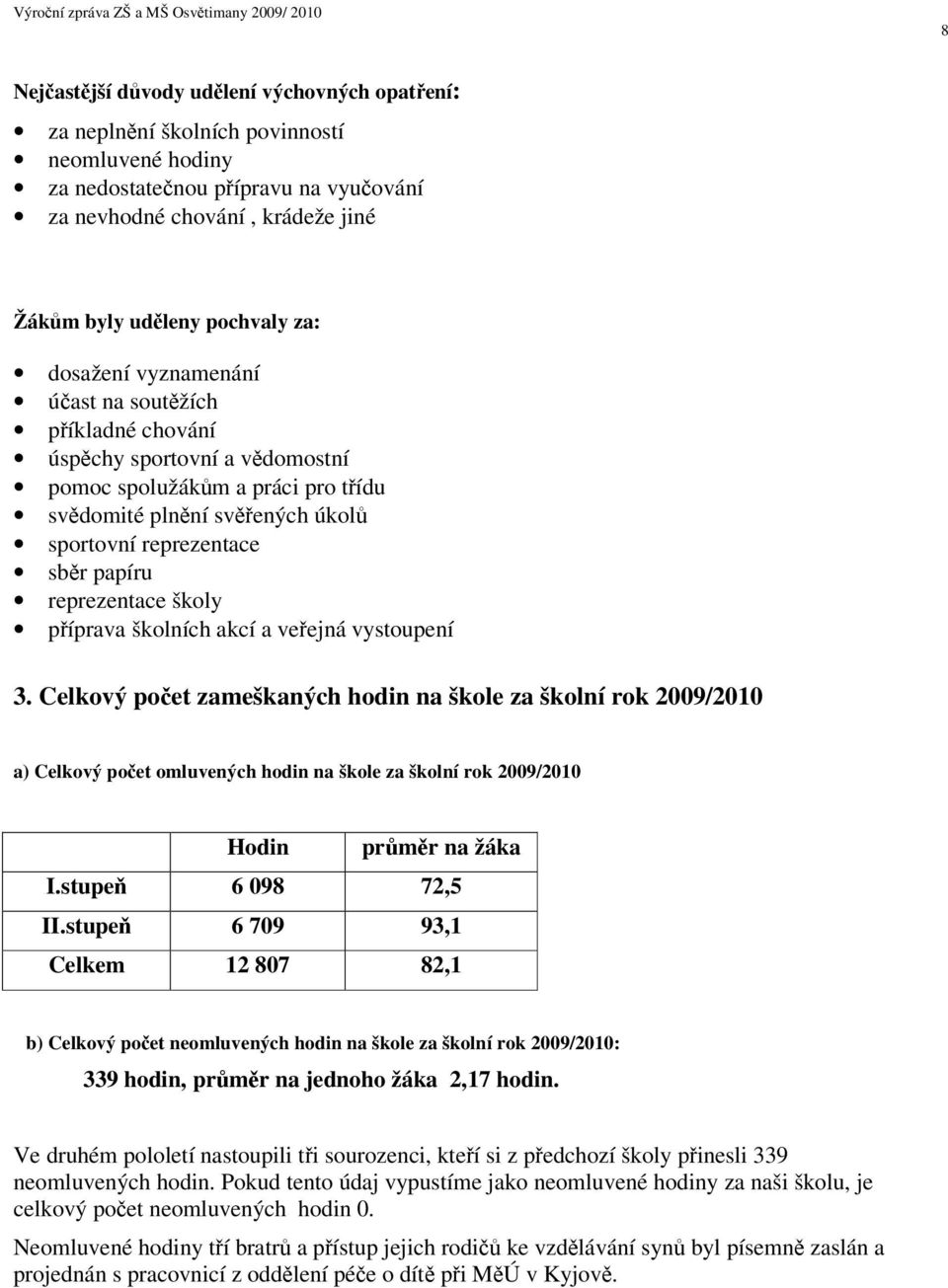 píprava školních akcí a veejná vystoupení 3. Celkový poet zameškaných hodin na škole za školní rok 2009/2010 a) Celkový poet omluvených hodin na škole za školní rok 2009/2010 Hodin prmr na žáka I.