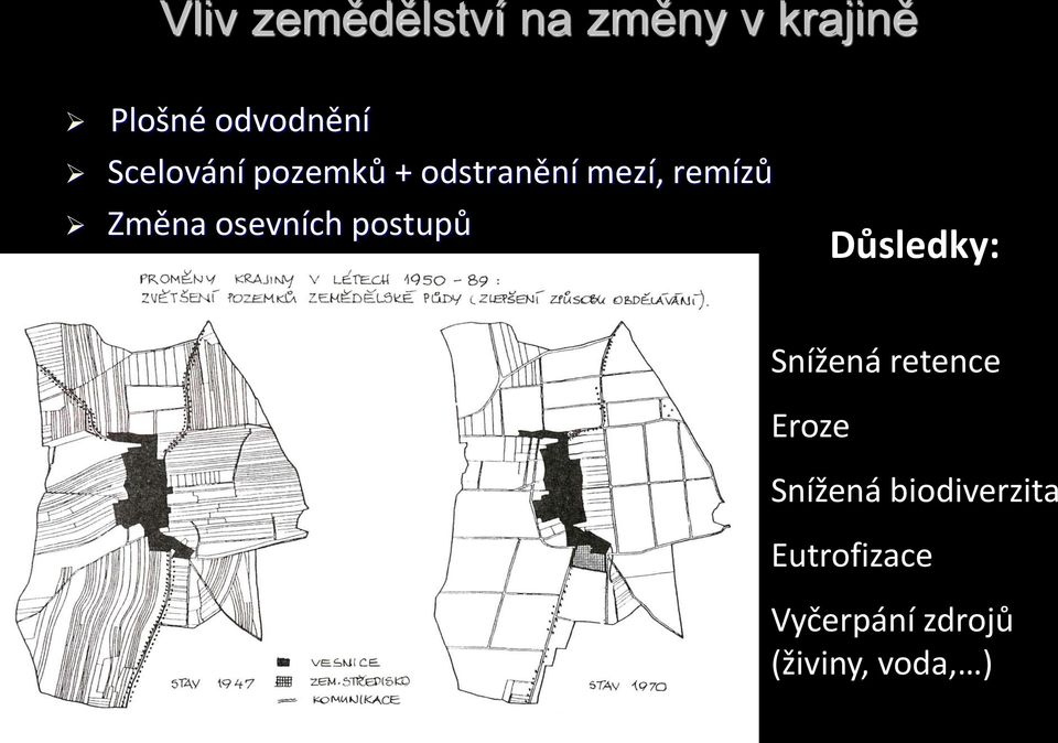 osevních postupů Důsledky: Snížená retence Eroze