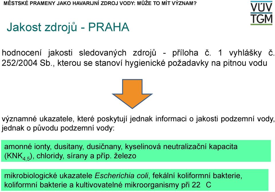 vody, jednak o původu podzemní vody: amonné ionty, dusitany, dusičnany, kyselinová neutralizační kapacita (KNK 4,5 ), chloridy,